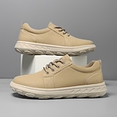 abordables Baskets-Baskets décontractées en cuir beige pour homme avec design à lacets - parfaites pour le confort au quotidien et les activités de loisirs