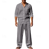 cheap Men&#039;s Tee Sets-Men&#039;s T-shirt Suits Shirt and Pant Sets 2 Pieces Outfits Long Sleeve Stand Collar Summer Spring Plain Fashion Casual 2 Piece Vacation Daily Wear Going out Black White Blue Top Tee for Men