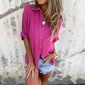 ieftine Cămăși-Cămașă Bluză din Bumbac și In Culori Uni Elegant Casual Mânecă Scurtă Guler Regulare Tops Zilnic Sărbătoare Butoane Negru Alb Roșu Violet Khaki Vară Primăvară