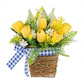baratos Grinaldas e guirlandas-guirlanda de primavera tulipa artificial e videira verde cesta decoração pendurada com fita xadrez para hotéis, cafés, entradas de casa