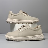 abordables Baskets-Baskets décontractées en cuir beige pour homme avec design à lacets - parfaites pour le confort au quotidien et les activités de loisirs