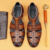 cheap Premium Leather Sandals-Premium Leather Fisherman Sandals with Buckle Detail - Stylish Choice for Outdoor Activities and Social Gatherings