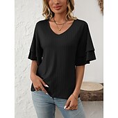 cheap Plain tee-Women&#039;s T Shirt Plain Fashion Modern Short Sleeve V Neck Regular Tops Daily Ruffle Black White Wine Sky Blue Fuchsia Summer