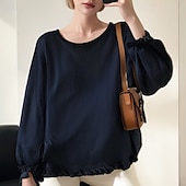 cheap Shirts-Women&#039;s Blouse Cotton Linen Shirts Plain Basic Modern Long Sleeve Square Neck Regular Tops Daily Holiday Going out Ruffle Black White Pink Army Green Navy Blue Summer