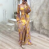 abordables Robes fleuries élégantes-Femme robe longue robe soirée Robe froncée Mode Soirée Standard Fleur manche longue Col V Jaune Vin Bleu Vert Eté