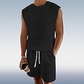 olcso Férfi Basic Tees szettek-Férfi Gofri ing Atléta Póló öltönyök Teniszing Rövid ujjú Henley Nyár Tömör szín Testedző Alkalmi 2 db Vakáció Szabadság Hétköznapi viselet Fekete Fehér Szürke Férfi felső póló