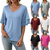 cheap Plain tee-Women&#039;s T Shirt Plain Fashion Modern Short Sleeve V Neck Regular Tops Daily Ruffle Black White Wine Sky Blue Fuchsia Summer