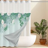 baratos Cortinas de Banho-Cortina de Chuveiro Texturizada em Malha de Waffle com Folhas com Forro Removível e Janela Transparente Repelente à Água em Poliéster Topo com Ilhós 120GSM Qualidade de Hotel Estilo Spa Divisão de