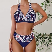 billiga Blommig baddräkt-Dam Badkläder Bikini Tankini 2 st Kaxig Baddräkt Djup V-hals Tryck upp Stickat Semester Tropisk Blommig Färgblock Doppa Ärmlös Baddräkter