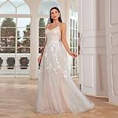 preiswerte lässige Brautkleider-Kleine weiße Kleider Hochzeitskleider A-Linie V-Ausschnitt Ärmellos Bodenvoll Tüll Brautkleider Mit bestickter floralem Spitze Kleid