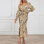 preiswerte abendkleider-Damen Midikleid Cocktailkleid Etui-Kleid Mode Urlaub Ferien Teegesellschaft Normale Passform Leopard Langarm V Ausschnitt Schwarz Khaki Aprikose Sommer