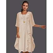 abordables Avec veste-Robe à deux pièces A-ligne pour la mère de la mariée à la plage invitée de mariage élégant col arrondi longueur genou chiffon dentelle sans manches vestes avec plis et appliqués 2025 taille