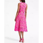 abordables Vestidos de cóctel-Vestidos de cóctel de corte A, elegantes vestidos formales de boda, largo hasta la rodilla, sin mangas, cuello redondo, cinturón/faja de encaje con bordados, 2025