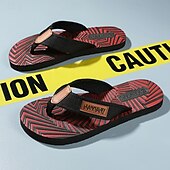 cheap Vacation Sandals-Men&#039;s Fashion Flip-Flops - Red and Black Geometric Pattern with Leather Accents - Casual Beachwear