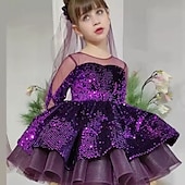 baratos Vestidos de Festa-Infantil Para Meninas Vestido Vestido de festa Côr Sólida Manga Longa Espetáculo Paetês Com Transparência Princesa Doce Com Transparência Acima do Joelho Vestido da bainha Vestido De Tule Verão