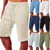 cheap Classic-Men&#039;s Shorts Linen Shorts Summer Shorts Beach Shorts Drawstring Elastic Waist Plain Comfort Breathable Knee Length Outdoor Daily Beach Fashion Classic Style Black White