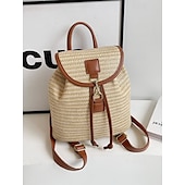 economico Zaini alla moda-zaino in paglia per donna – borsa da viaggio in rattan intrecciato boho con cinturini in pelle, zaino da spiaggia estivo chic, borsa casual per le vacanze e l&#039;uso quotidiano bianco rosa marrone