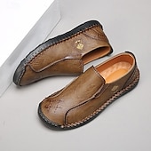 cheap Men&#039;s Slip-ons &amp; Loafers-Men&#039;s Beige Genuine Faux Leather Moccasins – Handmade Stitching Casual Slip-On Driving Shoes for Outdoor &amp; Trave