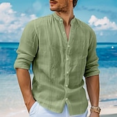 economico Vacanza-Per uomo Camicia camicia di lino Camicia Guayabera Camicia con colletto a fascia Camicia estiva Camicia da spiaggia Liscio Da mare Curise Bianco Blu marino Verde Cachi Manica lunga A fascia Primavera