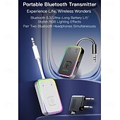 levne Bluetooth pomůcky-přenosný bluetooth vysílač lze spárovat se dvěma zařízeními současně. bluetooth 5.3 má dlouhou výdrž baterie a rgb cool osvětlení