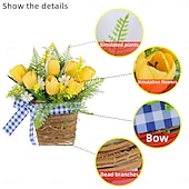 baratos Grinaldas e guirlandas-guirlanda de primavera tulipa artificial e videira verde cesta decoração pendurada com fita xadrez para hotéis, cafés, entradas de casa