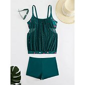 billiga Leopard badkläder-Dam Plusstorlekar Badkläder Tankini 2 st Längre baddräkt Hög midja Baddräkt Genomskinlig Hög midja Stickat Stylish Standkläder Leopard Tropisk Rund hals Ärmlös Baddräkter