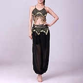 お買い得  ラテンダンスウェア-ラテンダンス 上着 ゴールドコイン ピュアカラー スプライシング 女性用 性能 訓練 ノースリーブ ハイウエスト ポリエステル
