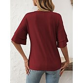 cheap Plain tee-Women&#039;s T Shirt Plain Fashion Modern Short Sleeve V Neck Regular Tops Daily Ruffle Black White Wine Sky Blue Fuchsia Summer