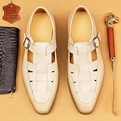 cheap Premium Leather Sandals-Men&#039;s Chic White Leather Monk Strap Shoes - Stylish Choice for Summer Weddings and Formal Events
