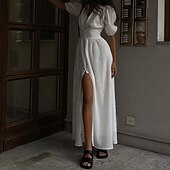 economico Abiti casual bianchi-Per donna Abito Midi Abito Bianco Moda Moderno Compleanno Ferie Laurea Vestibilità regolare Semplice Manica Corta Scollo a V Nero Bianco Estate
