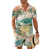 cheap Men&#039;s Printed Shirts Sets-Men&#039;s Floral 2pcs Shirts Sets Shirt Short Sleeve Short Pants Cuban Collar Vacation Casual Daily Vacation Wear 3D Print Summer Robin&#039;s Egg Blue Green Brown
