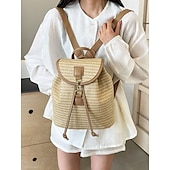 economico Zaini alla moda-zaino in paglia per donna – borsa da viaggio in rattan intrecciato boho con cinturini in pelle, zaino da spiaggia estivo chic, borsa casual per le vacanze e l&#039;uso quotidiano bianco rosa marrone
