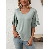 cheap Plain tee-Women&#039;s T Shirt Plain Fashion Modern Short Sleeve V Neck Regular Tops Daily Ruffle Black White Wine Sky Blue Fuchsia Summer