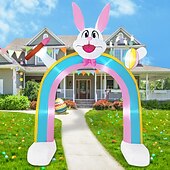 abordables Luces de paisaje-Conejito de Pascua inflable de 9.8 pies, cepillo de mano y huevo de Pascua inflable con arcoíris de luz, para interiores y exteriores, patio, jardín, césped, vacaciones familiares, ambiente de fiesta, luz decorativa