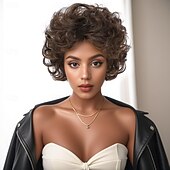 baratos Perucas de Qualidade Superior-Perucas sintéticas Trama Curly Encaracolados Corte em Camadas Com Franjas Fabrico à Máquina Peruca 12 polegadas A1 Cabelo Sintético Mulheres Elástico Legal Clássico Marrom Claro