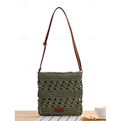 cheap Crossbody Bags-Handwoven Straw Crossbody Bag for Women – Boho Rattan Shoulder Bag with Adjustable Strap, Lightweight Summer Beach Purse for Vacation, Travel &amp; Casual Outings Army Green Brown Khaki