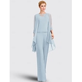 abordables Costumes-pantalons pour maman-Salopette  pantalon 3 pièces mère de la mariée invité au mariage formel élégant grande taille col bijou longueur de sol en chiffon dentelle sans manches avec appliques taille personnalisée gratuite