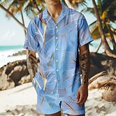 olcso Férfi nyomtatott ingkészletek-Férfi Fák / falevelek 2db Ingek készletek Hawaii ing Rövid ujjú Rövid nadrág Kubai nyakörv Szabadság Parti Hétköznapi Napi 3D nyomtatás Nyár Kék tó Ibolya Zöld
