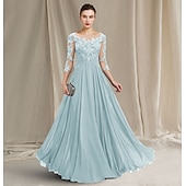 olcso Padlóhossz-A-vonalú Kölcsönanyai Ruha Elegáns Ékszer Nyak Padló Hosszú Chiffon Csipke 3/4 Hosszú Ujjú Ráncokkal Appliques