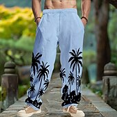 baratos Retrô-Homens Calças de linho Calças Calça verão Calças largas Com Cordão Cintura elástica Perna reta Coqueiro Conforto Respirável Comprimento total Ioga Diário Corrida Moda Retro Vintage Preto Branco