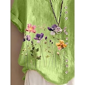  Women's 100% Cotton Blouse Floral Graphic Stylish Cotton Linen Casual Short Sleeve Crew Neck Regular Tops Daily Going out Buttons Print Green Summer Spring
