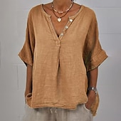 economico Camicie-Per donna Camicia Blusa Camicie di cotone e lino Semplice Essenziale Moderno Casual Mezza Manica Scollo a V Top Regolari Quotidiano Ferie Uscire Bottoni Nero Giallo Rosa Grigio Azzurro Estate