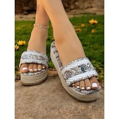 cheap Vacation Sandals-Women&#039;s Bohemian Woven Platform Sandals – Ethnic Print Slip-On Espadrille Wedge Slides for Summer, Beach &amp; Casual Wear