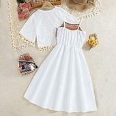 baratos Casual Dresses-2 Pieces Kids Girls' Color Block Dress Suits Set Sleeveless Fashion School 7-13 Years Summer White