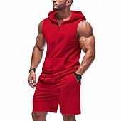 cheap Men&#039;s Tee Sets-Men&#039;s T-shirt Suits 2 Pieces Outfits Tee &amp; Shorts Short Sleeve Hooded Summer Plain Fashion Casual 2 Piece Vacation Daily Wear Going out Black Yellow Red Top Tee for Men