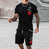 cheap Men's Printed Tees sets-Men's Rose 2pcs Tees sets Short Sleeve Short Pants Crew Neck Vacation Casual Outdoor Vacation Sport 3D Print Summer Black