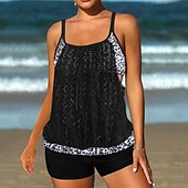 billiga Leopard badkläder-Dam Plusstorlekar Badkläder Tankini 2 st Längre baddräkt Hög midja Baddräkt Genomskinlig Hög midja Stickat Stylish Standkläder Leopard Tropisk Rund hals Ärmlös Baddräkter