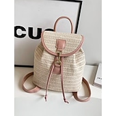 economico Zaini alla moda-zaino in paglia per donna – borsa da viaggio in rattan intrecciato boho con cinturini in pelle, zaino da spiaggia estivo chic, borsa casual per le vacanze e l&#039;uso quotidiano bianco rosa marrone