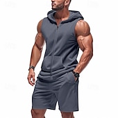 cheap Men&#039;s Tee Sets-Men&#039;s T-shirt Suits 2 Pieces Outfits Tee &amp; Shorts Short Sleeve Hooded Summer Plain Fashion Casual 2 Piece Vacation Daily Wear Going out Black Yellow Red Top Tee for Men