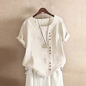 abordables Chemises-Femmes Chemisier Chemises en coton et lin Uni Moderne Occasionnel Manche Courte Col ras du cou Hauts Réguliers Fête Sortir Boutons Blanche Jaune Vert Véronèse Vert Été